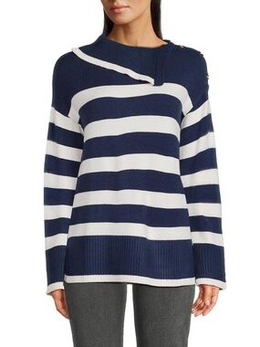 Saks Fifth Avenue Nautical Blue & White Striped Sweater with Gold Buttons